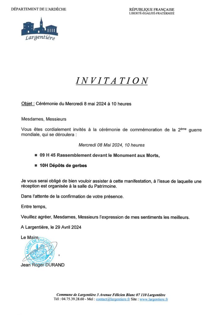 Lettre d'invitation à la cérémonie de commémoration de la 2ème guerre mondiale, organisée le 08 mai 2024 à Largentière